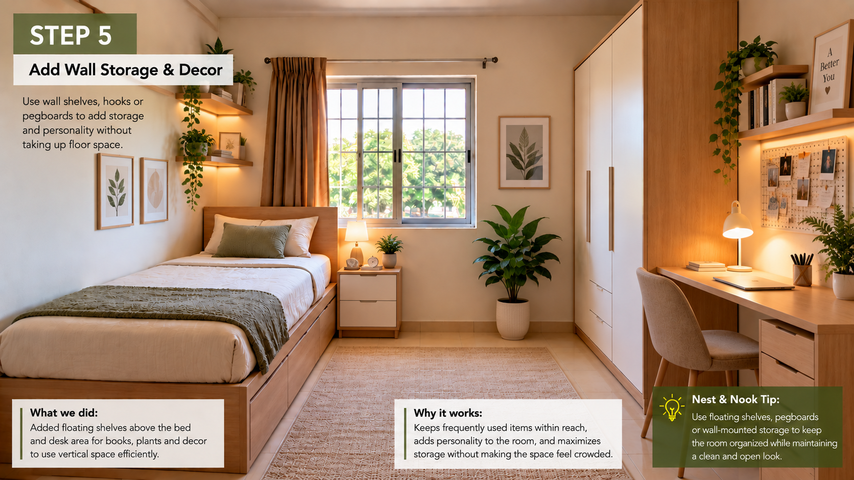 Small bedroom makeover step 5: add wall storage and decor
