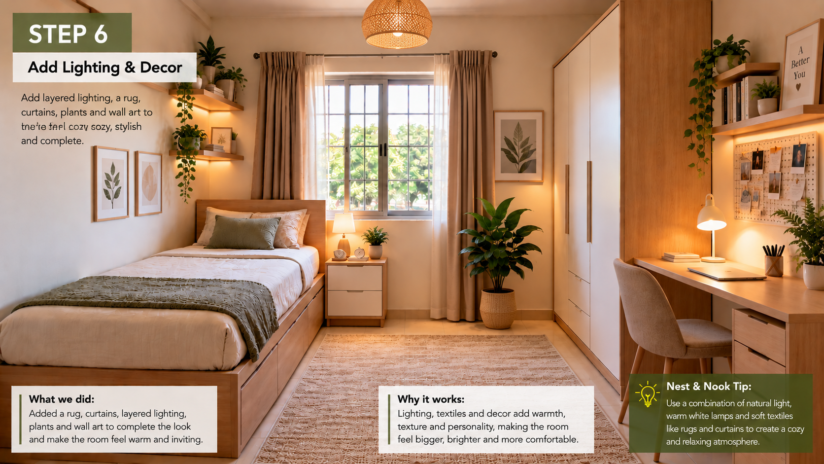 Small bedroom makeover step 6: lighting and decor