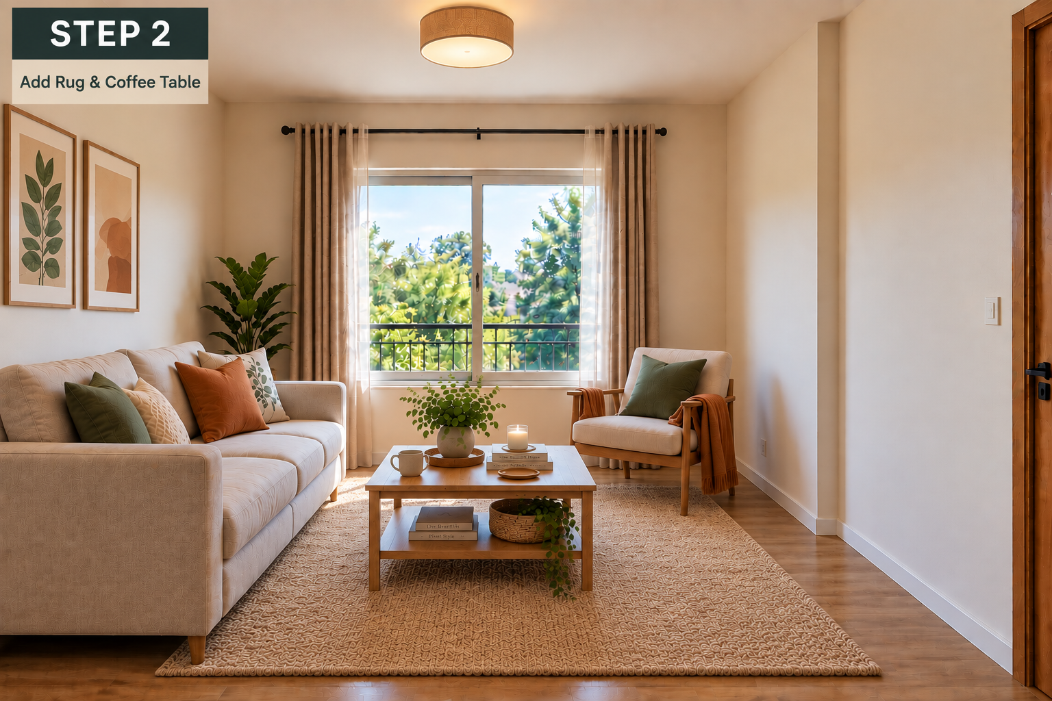 Living room with a rug and coffee table