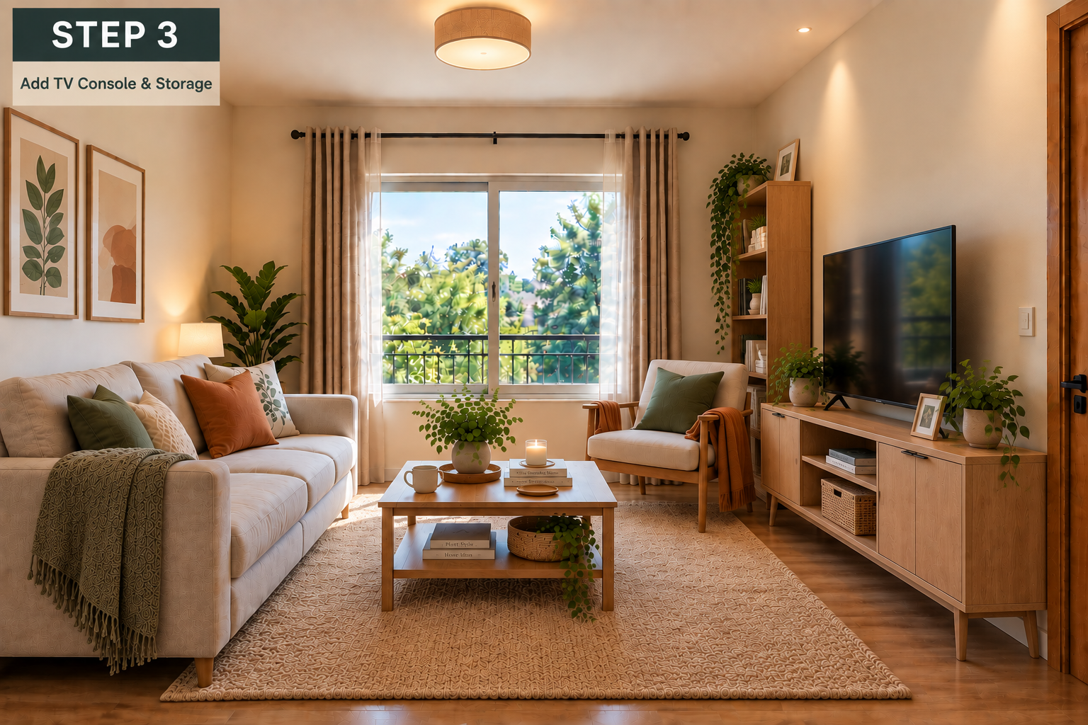 Living room with a TV console and storage