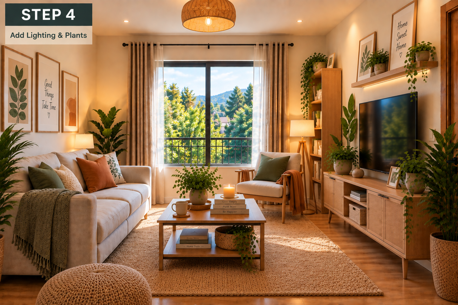 Living room with layered lighting and plants